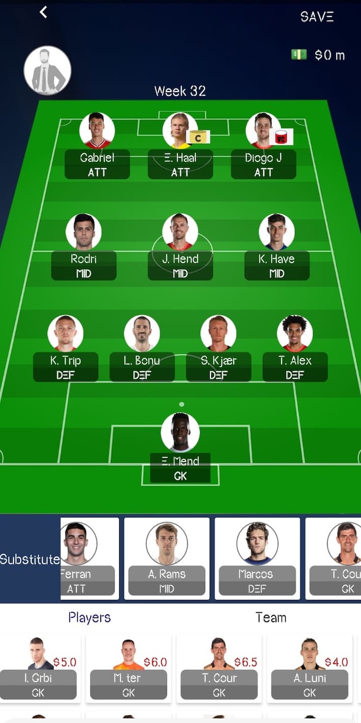 Fantasy Football League team screen with a full squad