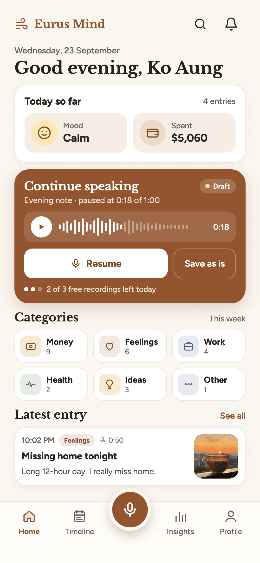 Eurus Mind home screen: today’s mood and spending, a paused voice note to continue, and the week’s journal categories