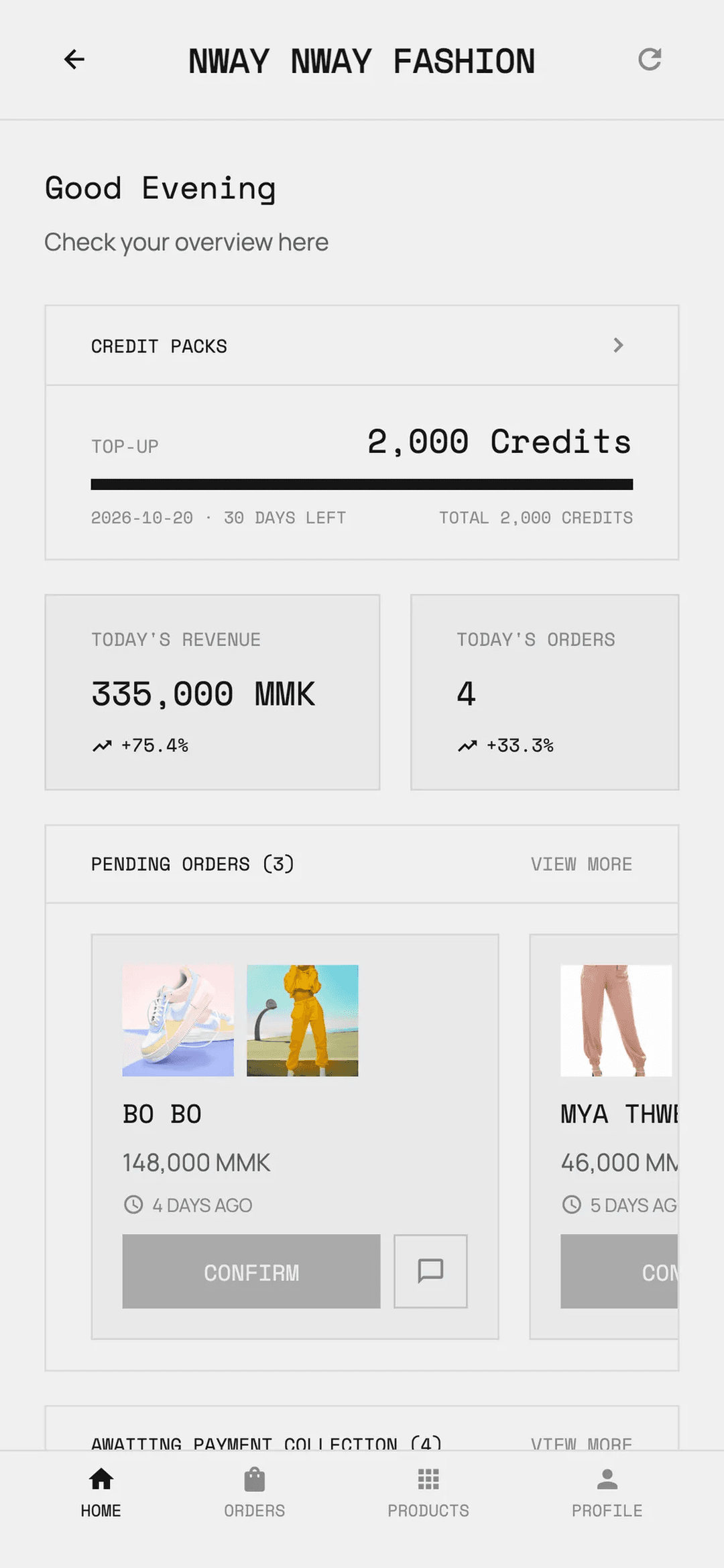 Biz-Copilot home screen for a fashion shop: today’s revenue and orders, the credit balance, and pending orders waiting to be confirmed