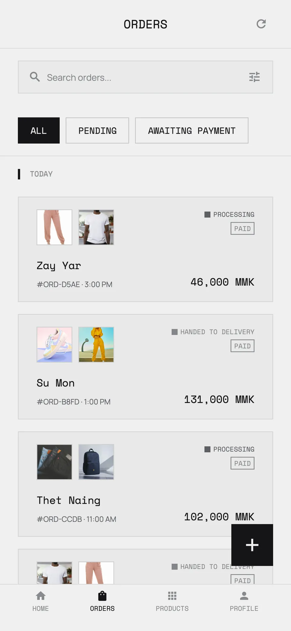 Biz-Copilot orders list with status filters, each order showing the customer, the items, the total in MMK and a Paid label