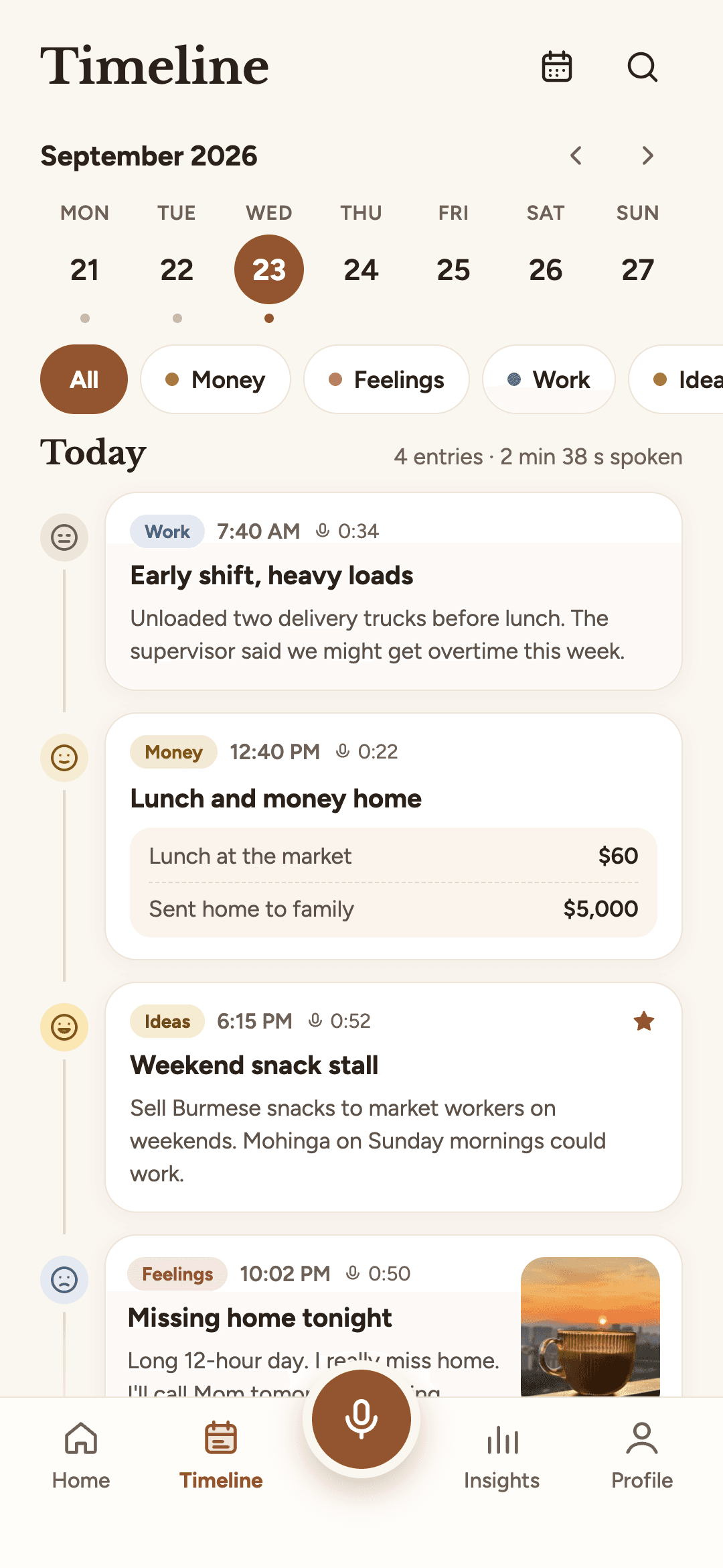 Eurus Mind timeline: the day’s spoken entries sorted into work, money, ideas and feelings, with times and amounts